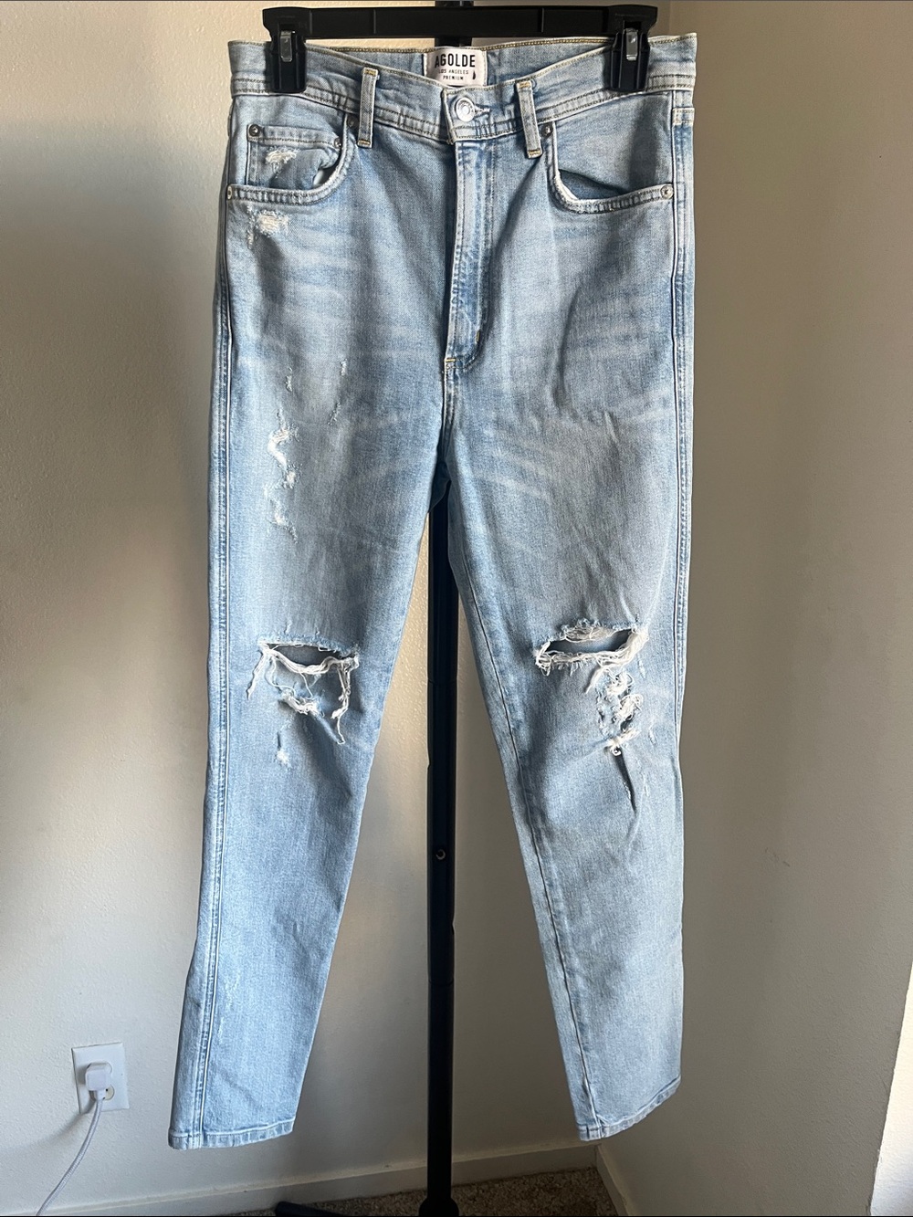 Agolde Light Wash Distressed Slim Straight Jeans